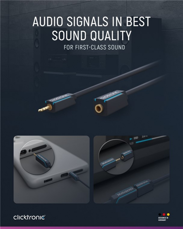 ClickTronic 3,5 mm AUX-förlängningskabel, stereo Premiumkabel | 1x 3,5 mm jackkontakt 1x 3,5 mm jackkontakt | 1,5 m | OFC innerledare ClickTronic 3,5 mm AUX-förlängningskabel, stereo Premiumkabel | 1x 3,5 mm jackkontakt 1x 3,5 mm jackkontakt | 1,5 m | OFC innerledare
