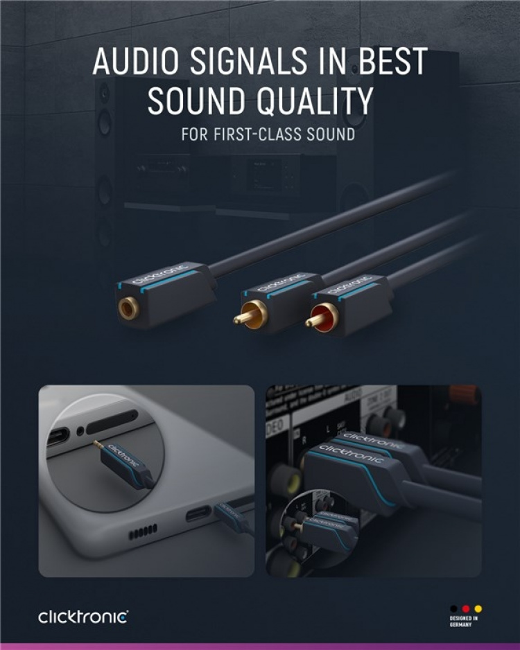 ClickTronic 3,5 mm AUX till RCA-adapterkabel, stereo Premium-kabel | 2x cinch-kontakt 1x 3,5 mm jackuttag | 0,1 m | OFC innerledare ClickTronic 3,5 mm AUX till RCA-adapterkabel, stereo Premium-kabel | 2x cinch-kontakt 1x 3,5 mm jackuttag | 0,1 m | OFC innerledare