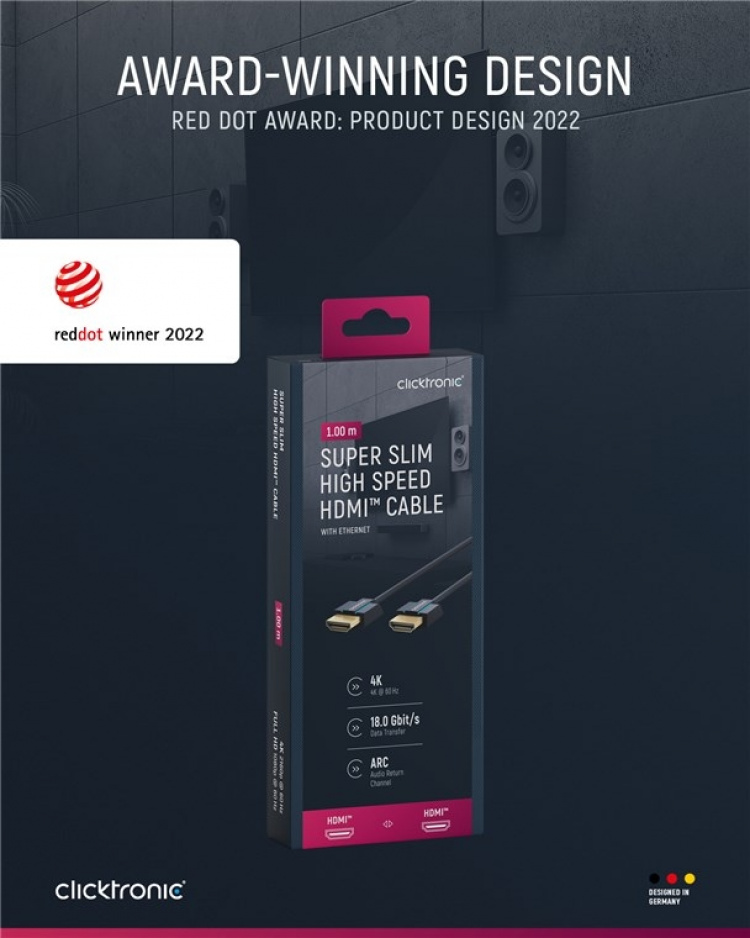 ClickTronic Ultra-Slim Højhastigheds HDMI™-kabel med Ethernet Premium-kabel | 1x HDMI™-stik 1x HDMI™-stik | 1,0 m | UHD 4K @ 60 Hz
