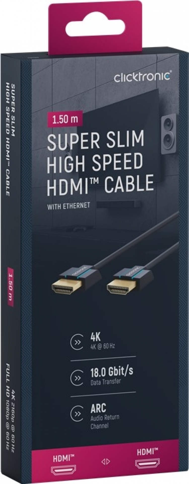 ClickTronic Ultra-Slim Højhastigheds HDMI™-kabel med Ethernet Premium-kabel | 1x HDMI™-stik 1x HDMI™-stik | 1,5 m | UHD 4K @ 60 Hz ClickTronic Ultra-Slim Højhastigheds HDMI™-kabel med Ethernet Premium-kabel | 1x HDMI™-stik 1x HDMI™-stik | 1,5 m | UHD 4K @ 60 Hz