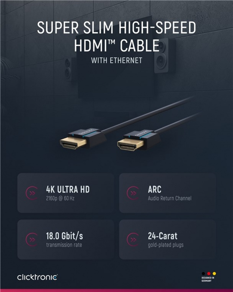 ClickTronic Ultra-Slim Højhastigheds HDMI™-kabel med Ethernet Premium-kabel | 1x HDMI™-stik 1x HDMI™-stik | 1,5 m | UHD 4K @ 60 Hz ClickTronic Ultra-Slim Højhastigheds HDMI™-kabel med Ethernet Premium-kabel | 1x HDMI™-stik 1x HDMI™-stik | 1,5 m | UHD 4K @ 60 Hz