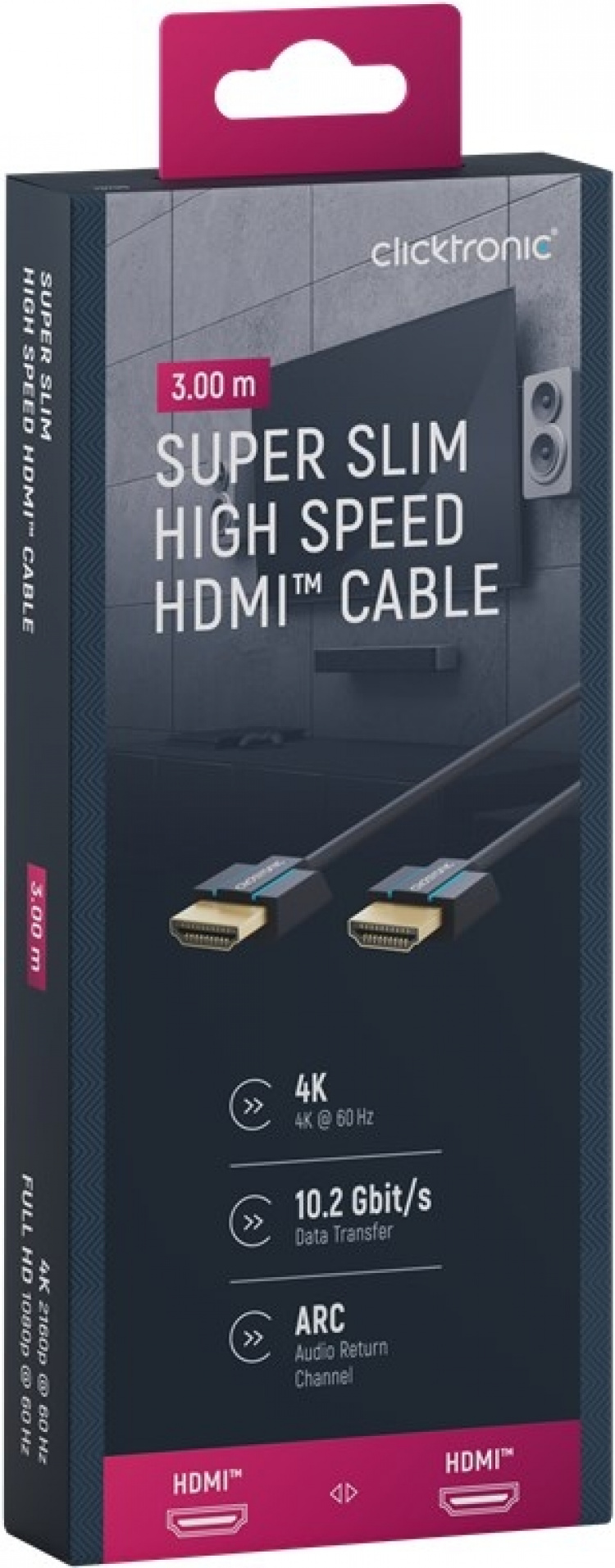 ClickTronic Ultra-Slim Højhastigheds HDMI™-kabel med Ethernet Premium-kabel | 1x HDMI™-stik 1x HDMI™-stik | 3,0 m | UHD 4K @ 60 Hz ClickTronic Ultra-Slim Højhastigheds HDMI™-kabel med Ethernet Premium-kabel | 1x HDMI™-stik 1x HDMI™-stik | 3,0 m | UHD 4K @ 60 Hz