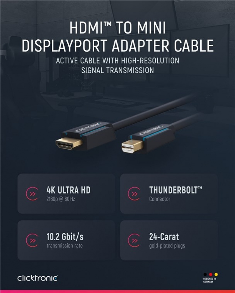 ClickTronic Aktivt mini DisplayPort™ til HDMI™-adapterkabel premium-kabel | 1x mini DisplayPort™-stik >> 1x HDMI™-stik | 1,0 m | UHD 4K @ 30 Hz