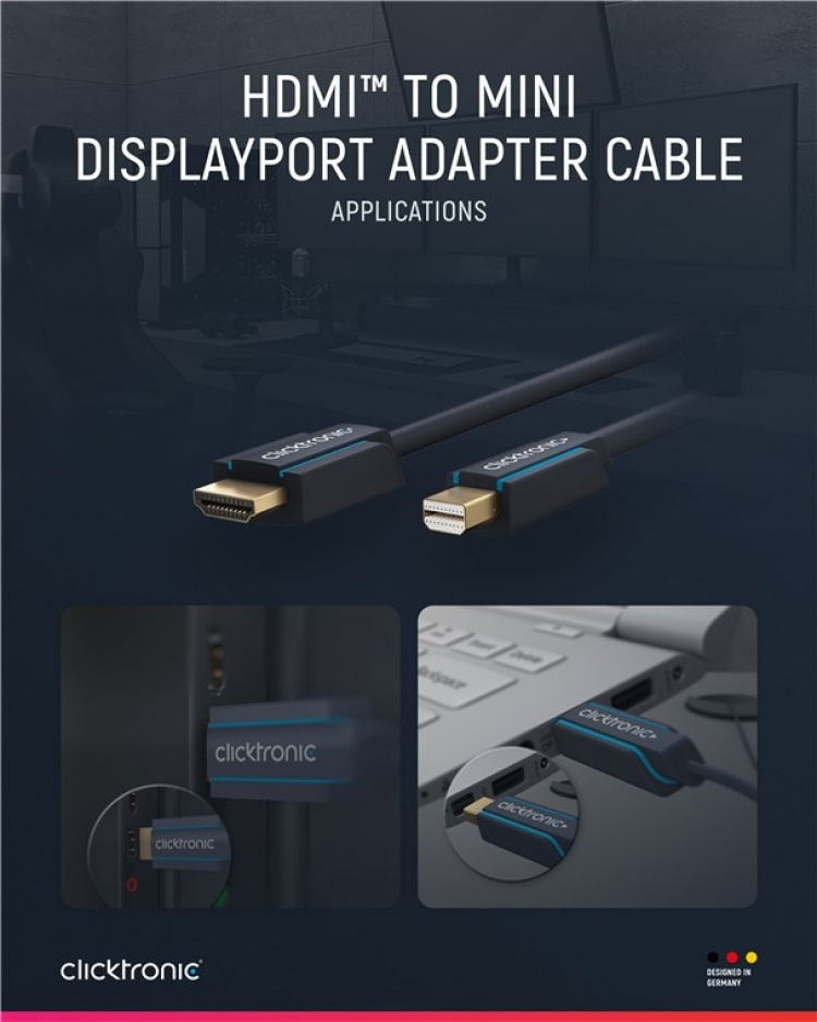 ClickTronic Aktivt mini DisplayPort™ til HDMI™-adapterkabel premium-kabel | 1x mini DisplayPort™-stik >> 1x HDMI™-stik | 1,0 m | UHD 4K @ 30 Hz