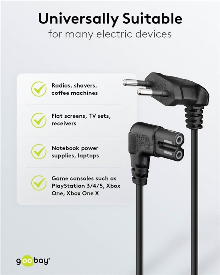 Goobay Tilslutningskabel Euro-stik vinklet i begge ender, 1,5 m, sort Euro-stik (type C, CEE 7/16) > hunstik C7 Goobay Tilslutningskabel Euro-stik vinklet i begge ender, 1,5 m, sort Euro-stik (type C, CEE 7/16) > hunstik C7