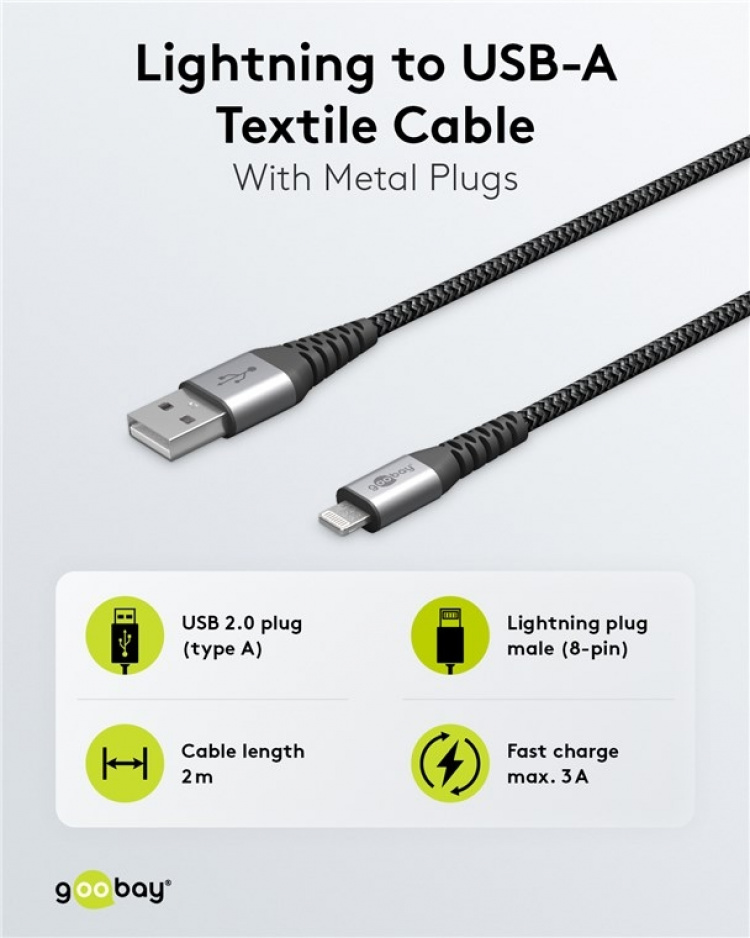 Goobay Lightning till USB-A-textilkabel med metallpluggar 2 m elegant och extra robust anslutningskabel för t.ex. Apple iPhone, iPad (Apple MFi certifierad)