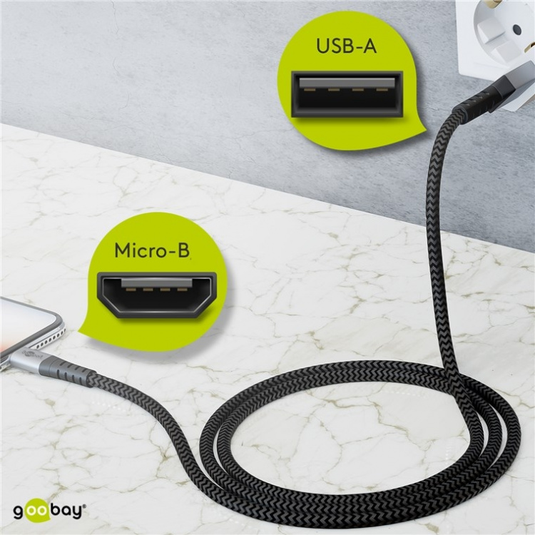 Goobay Micro-USB till USB-A textilkabel med metallkontakter 0,5 m elegant och extra robust anslutningskabel för enheter med Micro-USB-anslutning Goobay Micro-USB till USB-A textilkabel med metallkontakter 0,5 m elegant och extra robust anslutningskabel för enheter med Micro-USB-anslutning