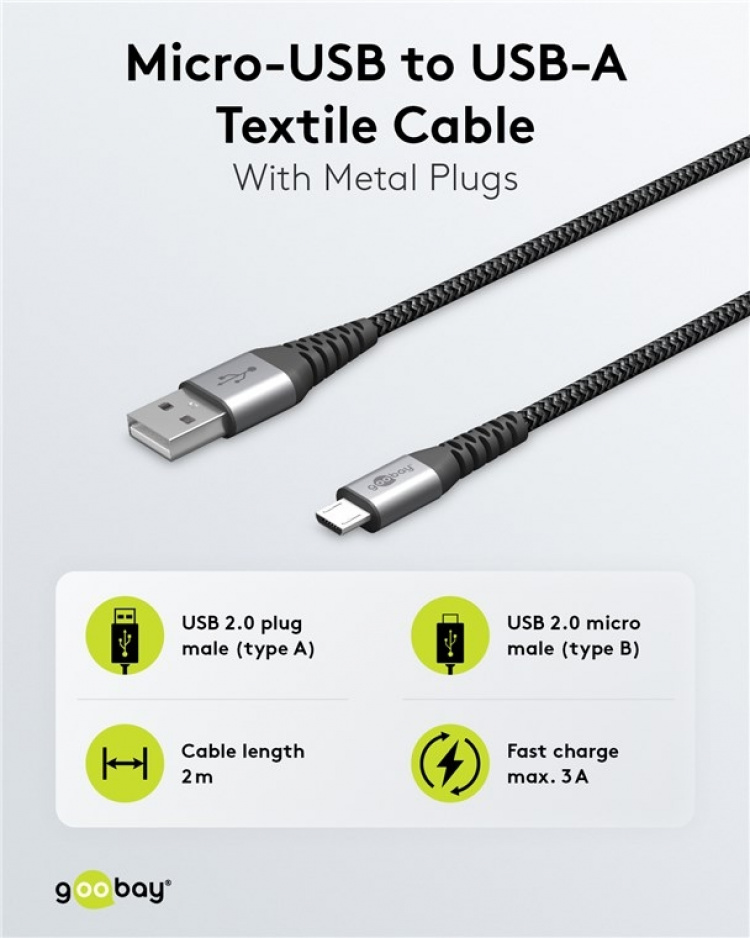 Goobay Micro-USB till USB-A textilkabel med metallkontakter 2 m elegant och extra robust anslutningskabel för enheter med Micro-USB-anslutning