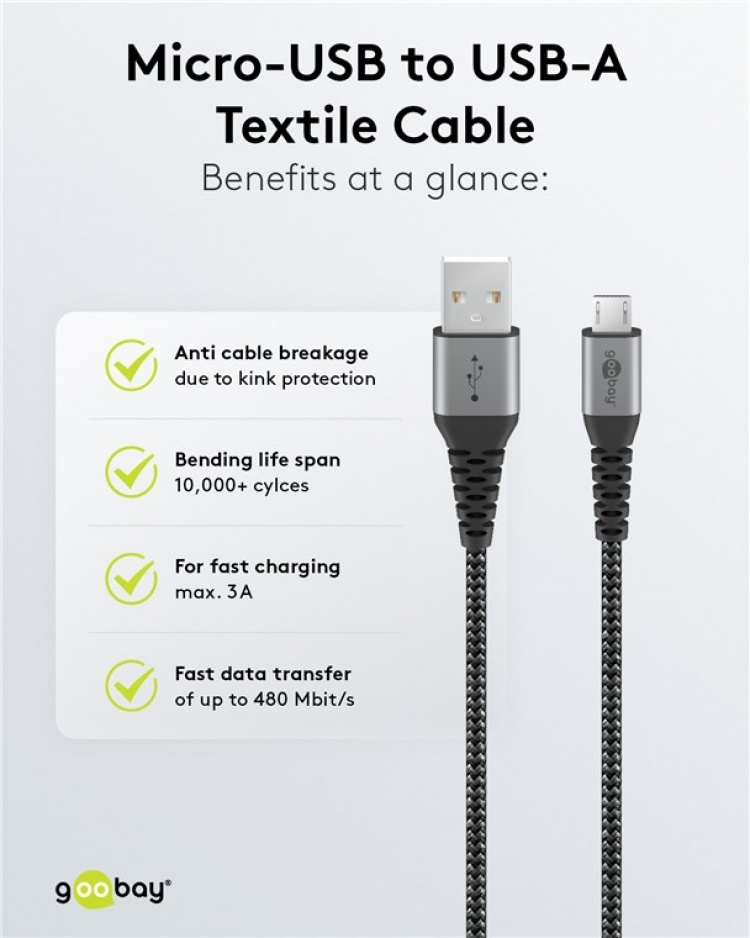 Goobay Micro-USB till USB-A textilkabel med metallkontakter 2 m elegant och extra robust anslutningskabel för enheter med Micro-USB-anslutning