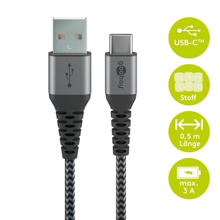 Goobay USB-C™ till USB-A textilkabel med metallkontakter 0,5 m elegant och extra robust anslutningskabel för enheter med USB-C™-port Goobay USB-C™ till USB-A textilkabel med metallkontakter 0,5 m elegant och extra robust anslutningskabel för enheter med USB-C™-port
