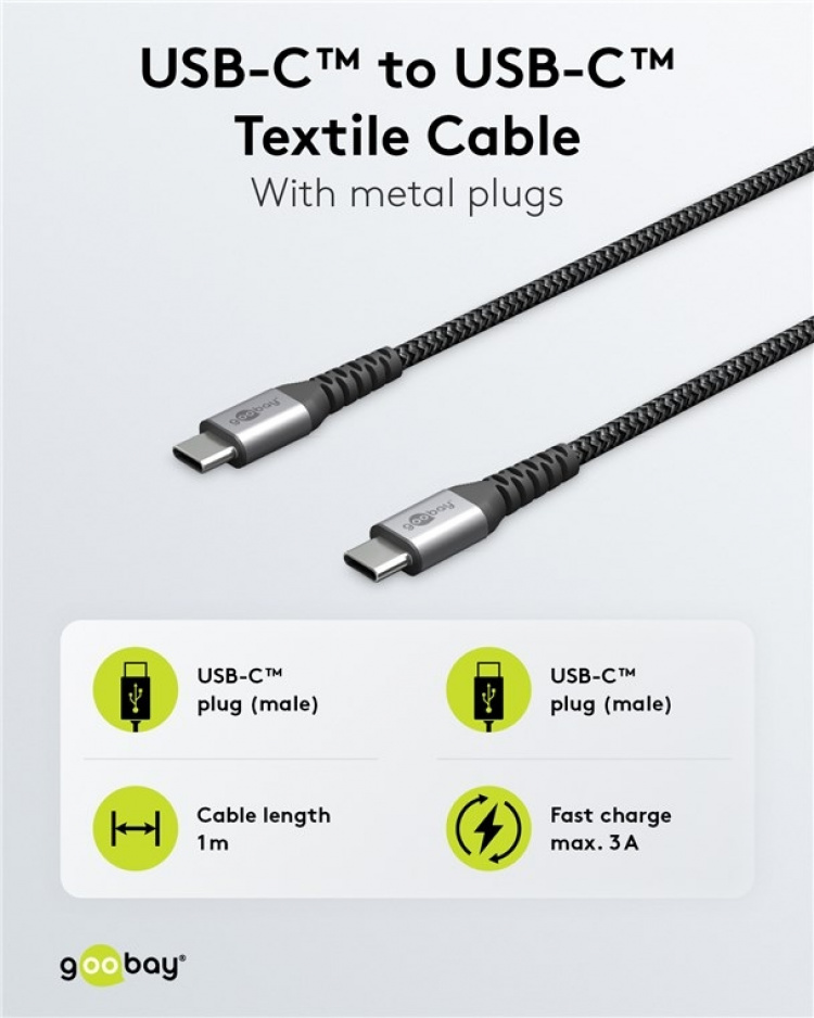 Goobay USB-C™-till-USB-C™-textilkabel med metallkontakter 1 m elegant och extra robust anslutningskabel för enheter med USB-C™-port Goobay USB-C™-till-USB-C™-textilkabel med metallkontakter 1 m elegant och extra robust anslutningskabel för enheter med USB-C™-port