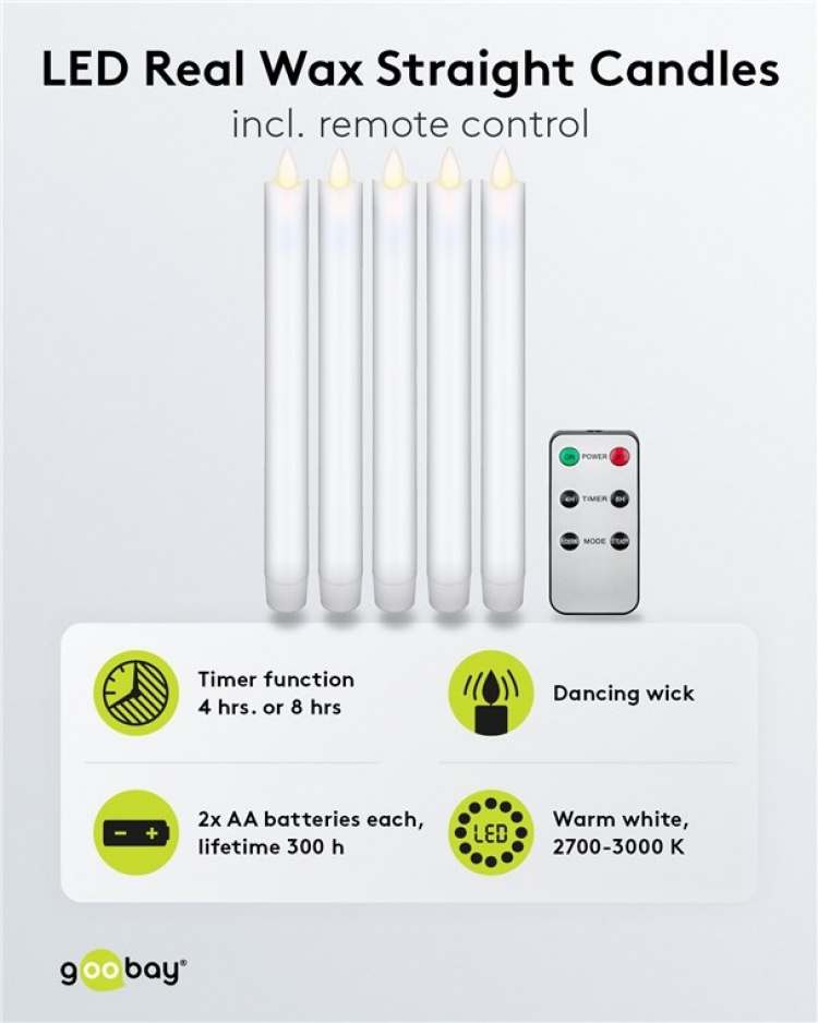 Goobay Set med 5 vita LED riktiga vax stav ljus, inkl. fjärrkontroll Vacker och säker belysningslösning för många områden som hus och loggia, kontor eller skolor Goobay Set med 5 vita LED riktiga vax stav ljus, inkl. fjärrkontroll Vacker och säker belysningslösning för många områden som hus och loggia, kontor eller skolor