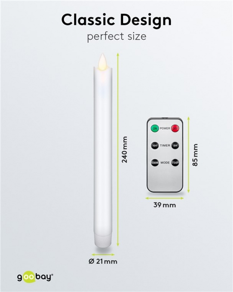 Goobay Set med 5 vita LED riktiga vax stav ljus, inkl. fjärrkontroll Vacker och säker belysningslösning för många områden som hus och loggia, kontor eller skolor Goobay Set med 5 vita LED riktiga vax stav ljus, inkl. fjärrkontroll Vacker och säker belysningslösning för många områden som hus och loggia, kontor eller skolor