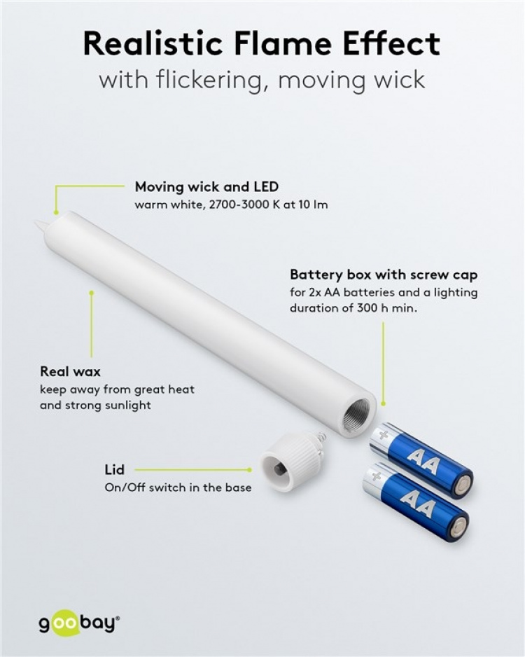 Goobay Set med 5 vita LED riktiga vax stav ljus, inkl. fjärrkontroll Vacker och säker belysningslösning för många områden som hus och loggia, kontor eller skolor Goobay Set med 5 vita LED riktiga vax stav ljus, inkl. fjärrkontroll Vacker och säker belysningslösning för många områden som hus och loggia, kontor eller skolor