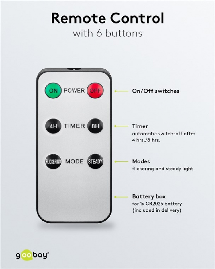 Goobay Set med 5 vita LED riktiga vax stav ljus, inkl. fjärrkontroll Vacker och säker belysningslösning för många områden som hus och loggia, kontor eller skolor Goobay Set med 5 vita LED riktiga vax stav ljus, inkl. fjärrkontroll Vacker och säker belysningslösning för många områden som hus och loggia, kontor eller skolor