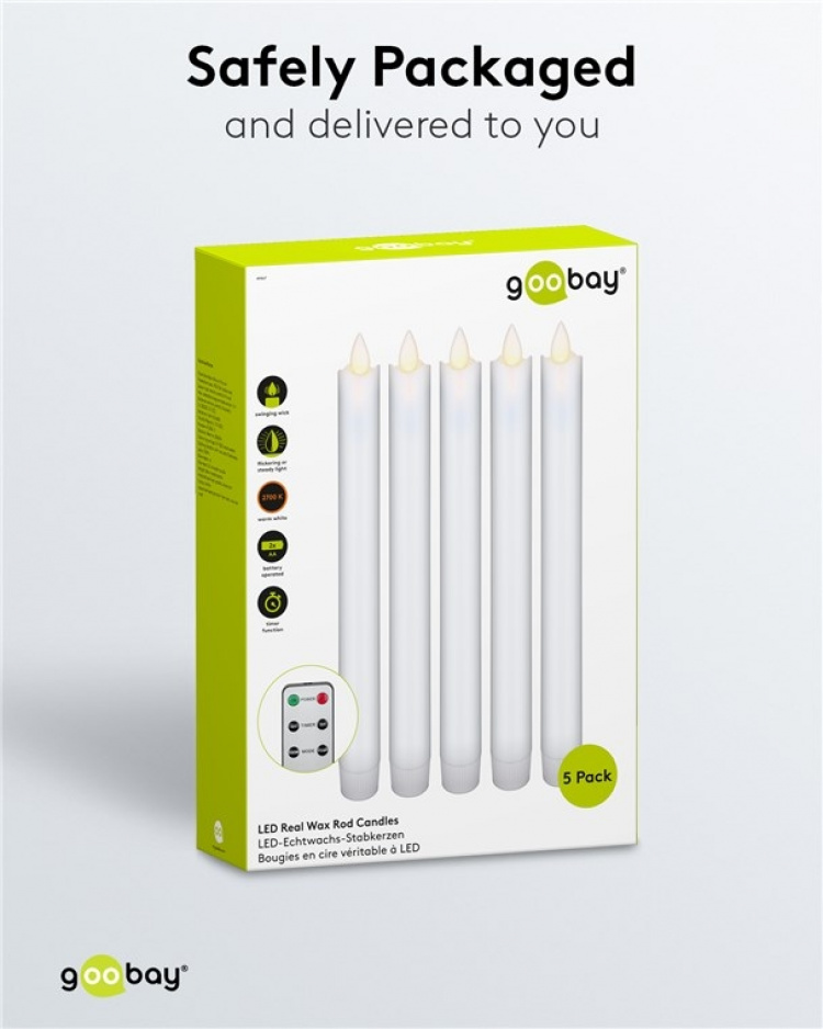 Goobay Set med 5 vita LED riktiga vax stav ljus, inkl. fjärrkontroll Vacker och säker belysningslösning för många områden som hus och loggia, kontor eller skolor Goobay Set med 5 vita LED riktiga vax stav ljus, inkl. fjärrkontroll Vacker och säker belysningslösning för många områden som hus och loggia, kontor eller skolor