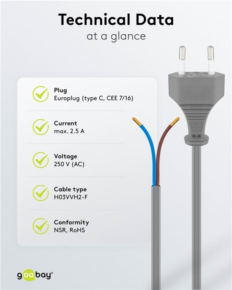 Goobay Kabel med euro-kontakt för montering, 1,5 m, grå Euro-kontakt (typ C, CEE 7/16) > lösa kabeländar