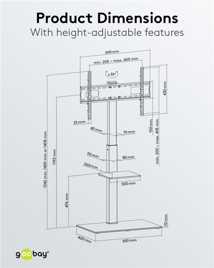 Goobay TV-golvstativ Basic (storlek L) för TV-apparater och bildskärmar mellan 37 och 70 tum (94-178 cm) upp till 40 kg, svängbar Goobay TV-golvstativ Basic (storlek L) för TV-apparater och bildskärmar mellan 37 och 70 tum (94-178 cm) upp till 40 kg, svängbar