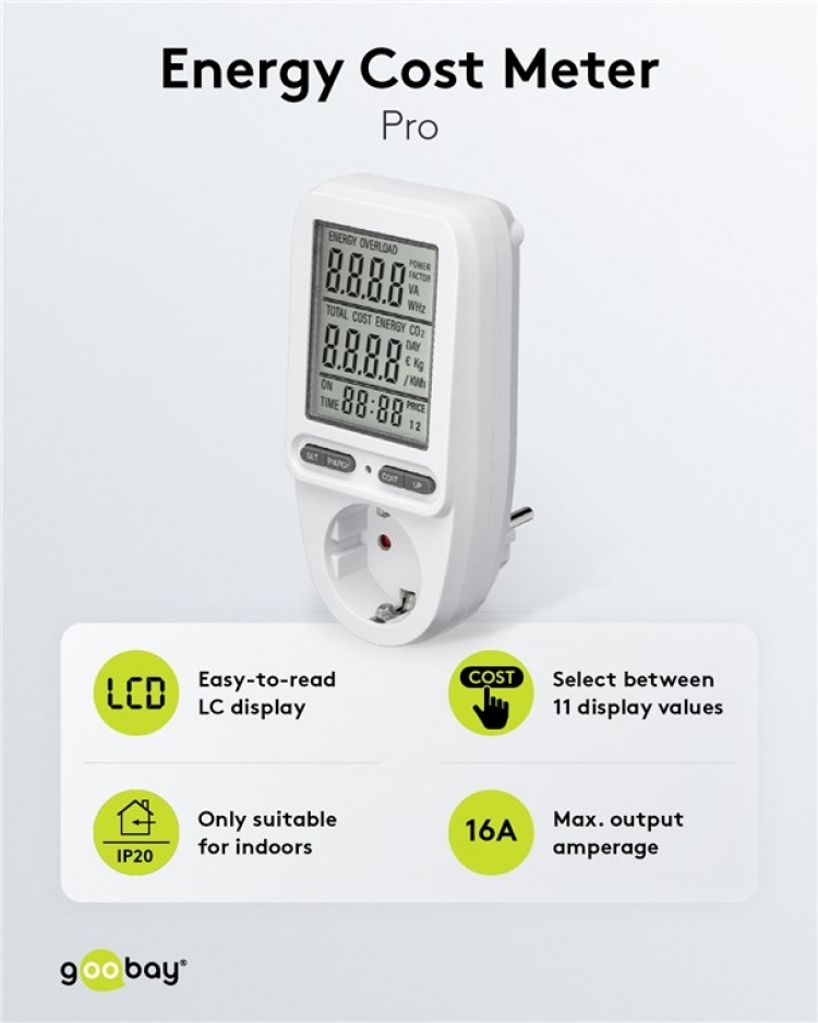 Goobay Digital energimätare Pro för mätning av energiförbrukningen för elektriska hushållsapparater Goobay Digital energimätare Pro för mätning av energiförbrukningen för elektriska hushållsapparater