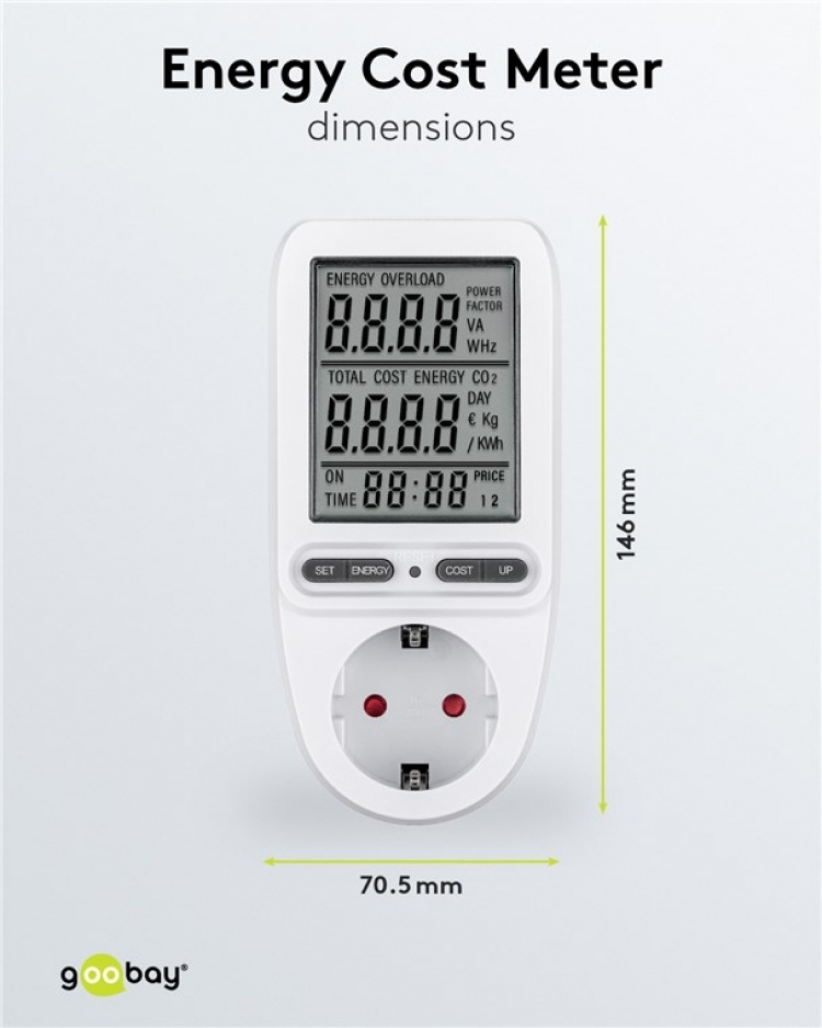 Goobay Digital energimätare Pro för mätning av energiförbrukningen för elektriska hushållsapparater Goobay Digital energimätare Pro för mätning av energiförbrukningen för elektriska hushållsapparater
