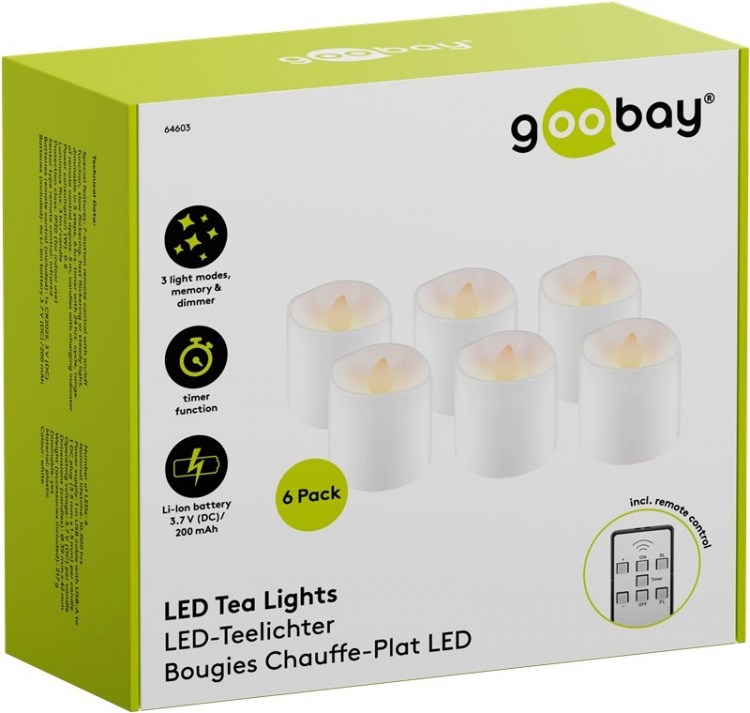 Goobay Uppsättning med 6 LED-värmeljus ljusuppsättning med fjärrkontroll, för inomhusbruk (IP20), varmvitt (2700 K), laddning via USB Goobay Uppsättning med 6 LED-värmeljus ljusuppsättning med fjärrkontroll, för inomhusbruk (IP20), varmvitt (2700 K), laddning via USB