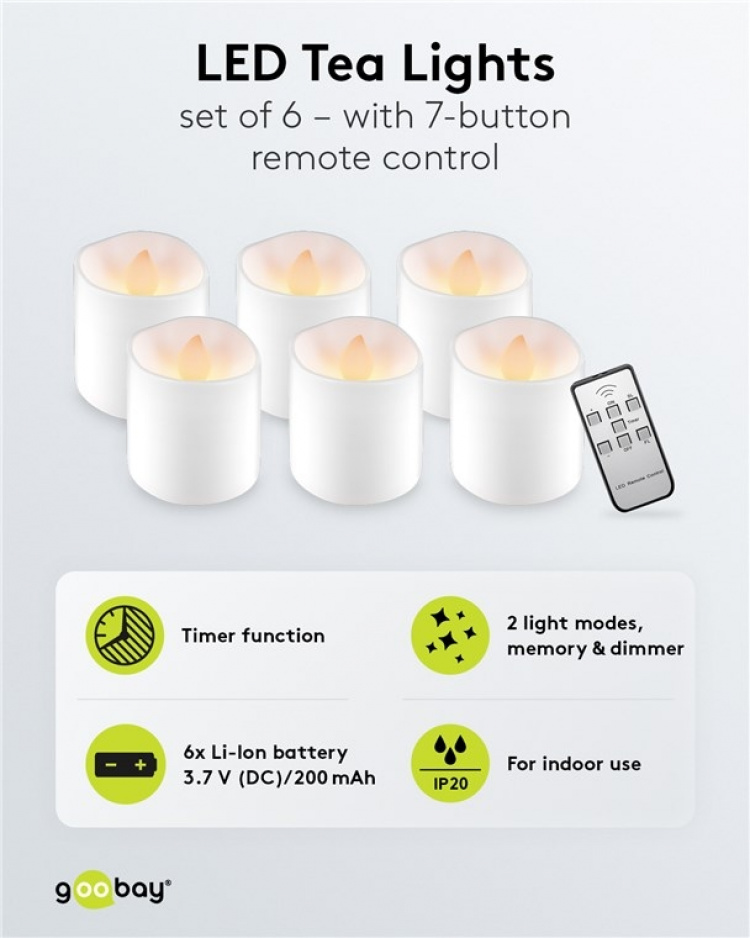 Goobay Uppsättning med 6 LED-värmeljus ljusuppsättning med fjärrkontroll, för inomhusbruk (IP20), varmvitt (2700 K), laddning via USB Goobay Uppsättning med 6 LED-värmeljus ljusuppsättning med fjärrkontroll, för inomhusbruk (IP20), varmvitt (2700 K), laddning via USB