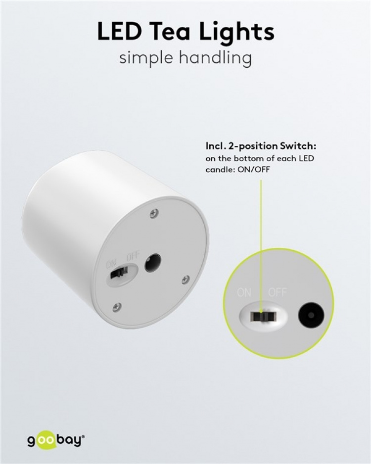 Goobay Uppsättning med 6 LED-värmeljus ljusuppsättning med fjärrkontroll, för inomhusbruk (IP20), varmvitt (2700 K), laddning via USB Goobay Uppsättning med 6 LED-värmeljus ljusuppsättning med fjärrkontroll, för inomhusbruk (IP20), varmvitt (2700 K), laddning via USB