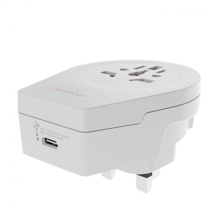 SKROSS World Adapter - World to UK USB-C™ PD för alla jordade och ojordade enheter (2- och 3-poliga), med integrerad, ultrasnabb USB-C™-laddare (Power Delivery)