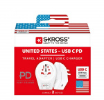 SKROSS World Adapter - World to USA USB-C™ PD til alle jordede og ujordede enheder (2- og 3-polet) med integreret, ultrahurtig USB-C™-oplader (Power Delivery)