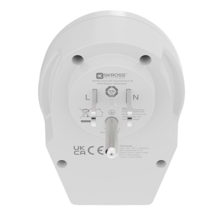 SKROSS World Adapter - World to USA USB-C™ PD til alle jordede og ujordede enheder (2- og 3-polet) med integreret, ultrahurtig USB-C™-oplader (Power Delivery)
