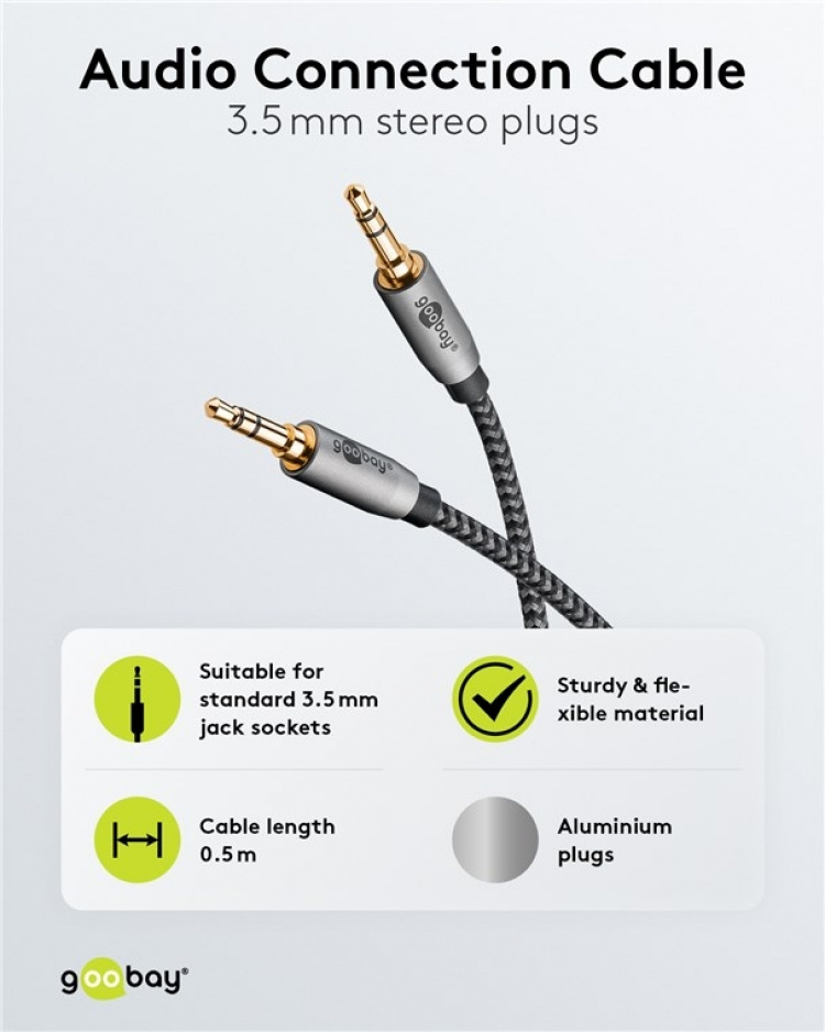 Goobay Ljudanslutningskabel AUX, 3,5 mm stereo, 0,5 m, Sharkskin Grey Pawl 3,5 mm plugg (3-stift, Stereo) > Pawl 3,5 mm plugg (3-stift, Stereo)