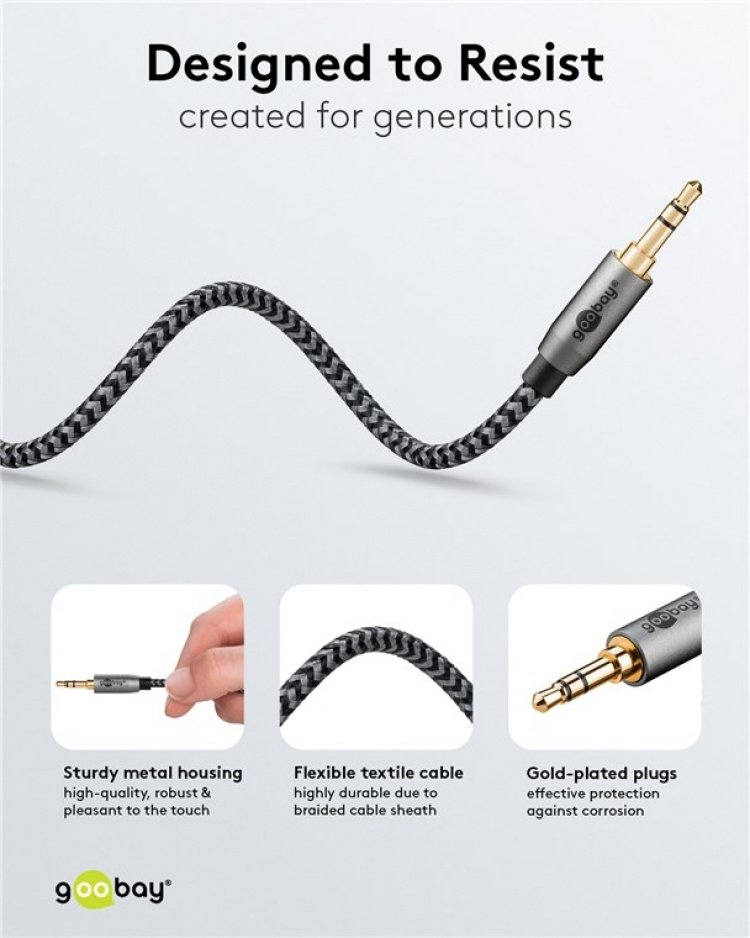 Goobay Ljudanslutningskabel AUX, 3,5 mm stereo, 3 m, Sharkskin Grey Pawl 3,5 mm plugg (3-stift, Stereo) > Pawl 3,5 mm plugg (3-stift, Stereo) Goobay Ljudanslutningskabel AUX, 3,5 mm stereo, 3 m, Sharkskin Grey Pawl 3,5 mm plugg (3-stift, Stereo) > Pawl 3,5 mm plugg (3-stift, Stereo)