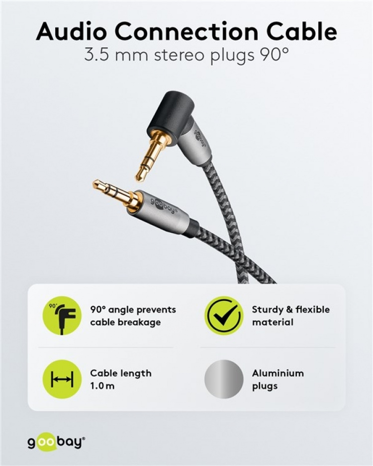 Goobay Ljudanslutningskabel AUX, 3,5 mm stereo, 90°, 1 m, Sharkskin Grey Pawl 3,5 mm plugg (3-stift, Stereo) > Pawl 3,5 mm plugg (3-stift, stereo) 90 ° Goobay Ljudanslutningskabel AUX, 3,5 mm stereo, 90°, 1 m, Sharkskin Grey Pawl 3,5 mm plugg (3-stift, Stereo) > Pawl 3,5 mm plugg (3-stift, stereo) 90 °