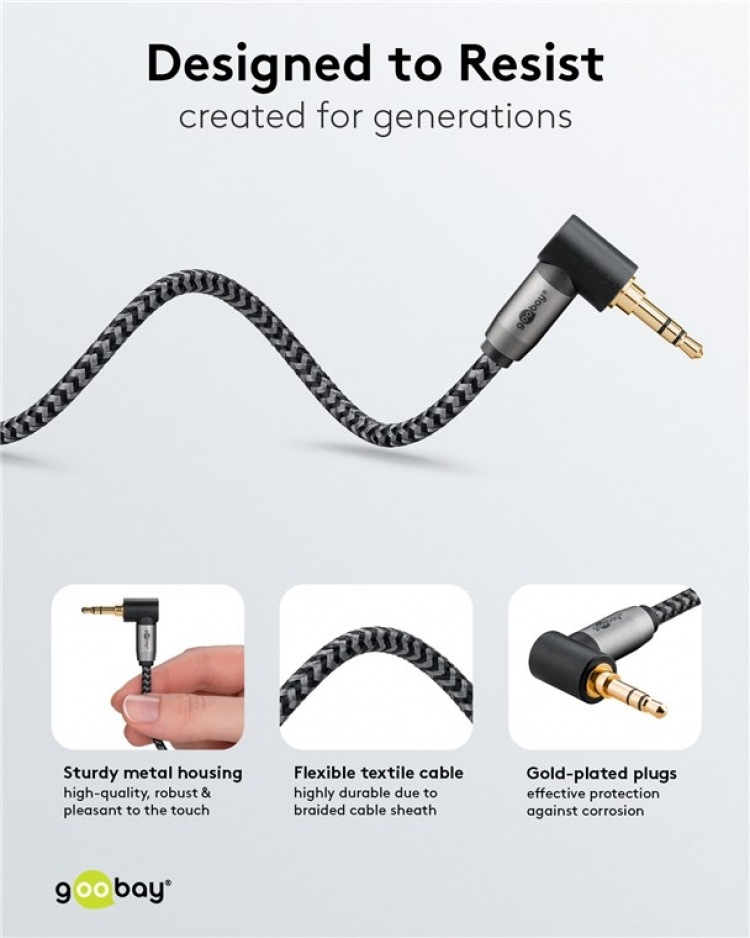 Goobay Ljudanslutningskabel AUX, 3,5 mm stereo, 90°, 1 m, Sharkskin Grey Pawl 3,5 mm plugg (3-stift, Stereo) > Pawl 3,5 mm plugg (3-stift, stereo) 90 ° Goobay Ljudanslutningskabel AUX, 3,5 mm stereo, 90°, 1 m, Sharkskin Grey Pawl 3,5 mm plugg (3-stift, Stereo) > Pawl 3,5 mm plugg (3-stift, stereo) 90 °