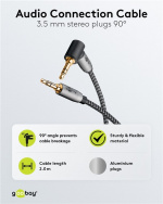 Goobay Ljudanslutningskabel AUX, 3,5 mm stereo, 90°, 2 m, Sharkskin Grey Pawl 3,5 mm plugg (3-stift, Stereo) > Pawl 3,5 mm plugg (3-stift, stereo) 90 °