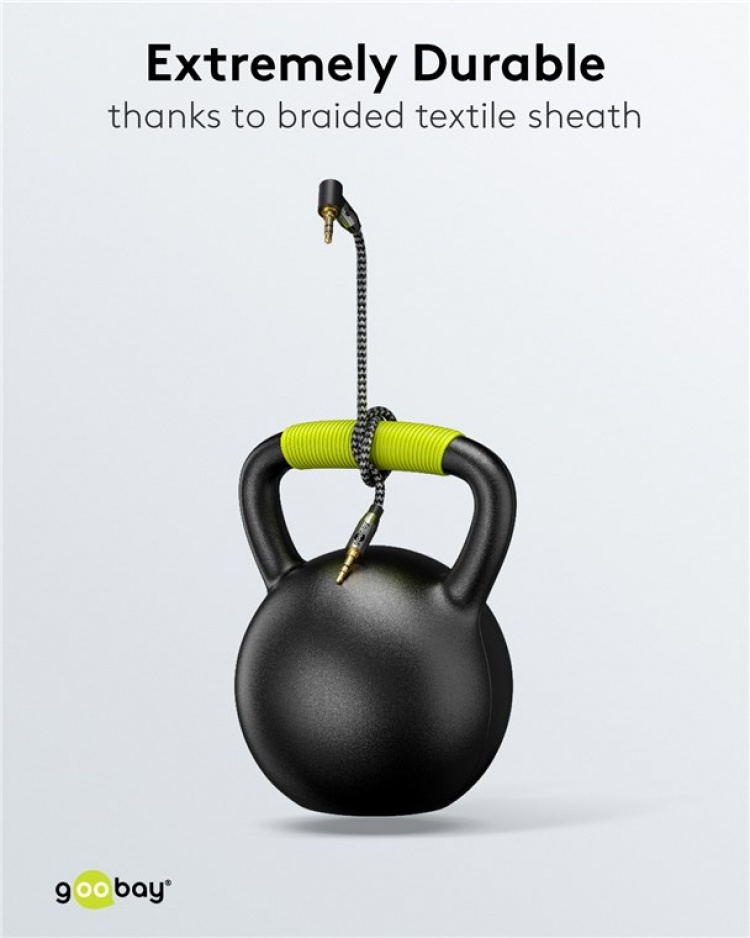 Goobay Ljudanslutningskabel AUX, 3,5 mm stereo, 90°, 2 m, Sharkskin Grey Pawl 3,5 mm plugg (3-stift, Stereo) > Pawl 3,5 mm plugg (3-stift, stereo) 90 °