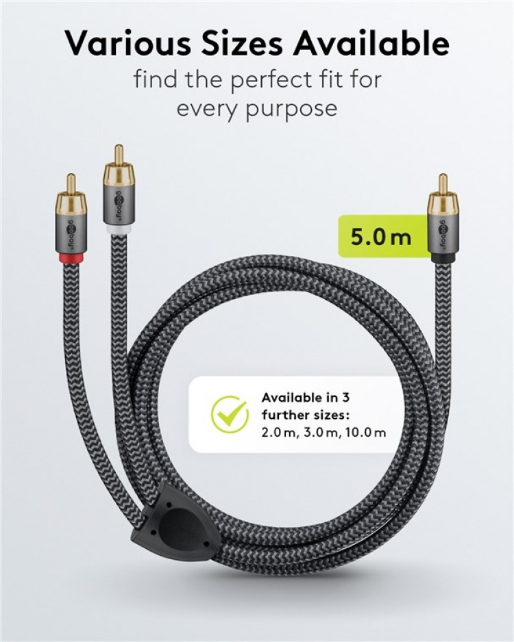 Goobay RCA-splitterkabel, 5 m, Sharkskin Grey Cinch kontakten (woofer, Center) > 2x Cinch kontakten (woofer) Goobay RCA-splitterkabel, 5 m, Sharkskin Grey Cinch kontakten (woofer, Center) > 2x Cinch kontakten (woofer)