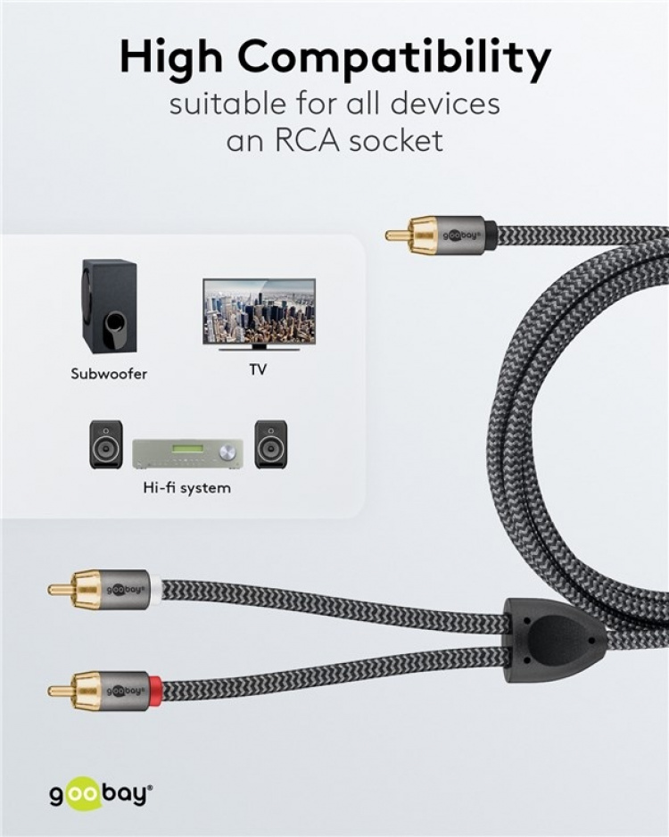 Goobay RCA-splitterkabel, 5 m, Sharkskin Grey Cinch kontakten (woofer, Center) > 2x Cinch kontakten (woofer) Goobay RCA-splitterkabel, 5 m, Sharkskin Grey Cinch kontakten (woofer, Center) > 2x Cinch kontakten (woofer)