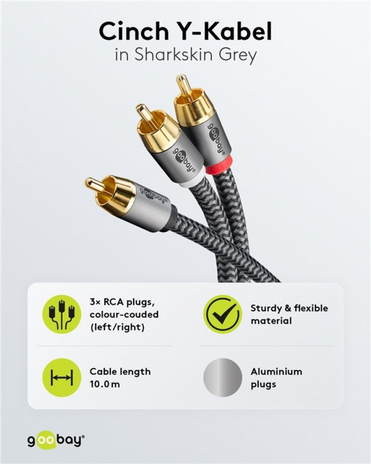 Goobay RCA-splitterkabel, 10 m, Sharkskin Grey Cinch kontakten (woofer, Center) > 2x Cinch kontakten (woofer) Goobay RCA-splitterkabel, 10 m, Sharkskin Grey Cinch kontakten (woofer, Center) > 2x Cinch kontakten (woofer)