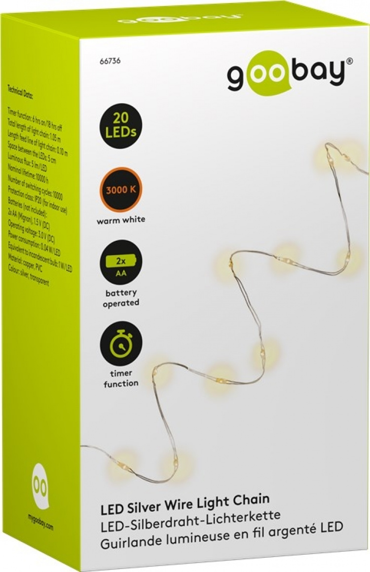 Goobay Ljusslinga med silvertråd och 20 LED-lampor, inkl. timer stämningsfull ljusdekoration för inomhusbruk