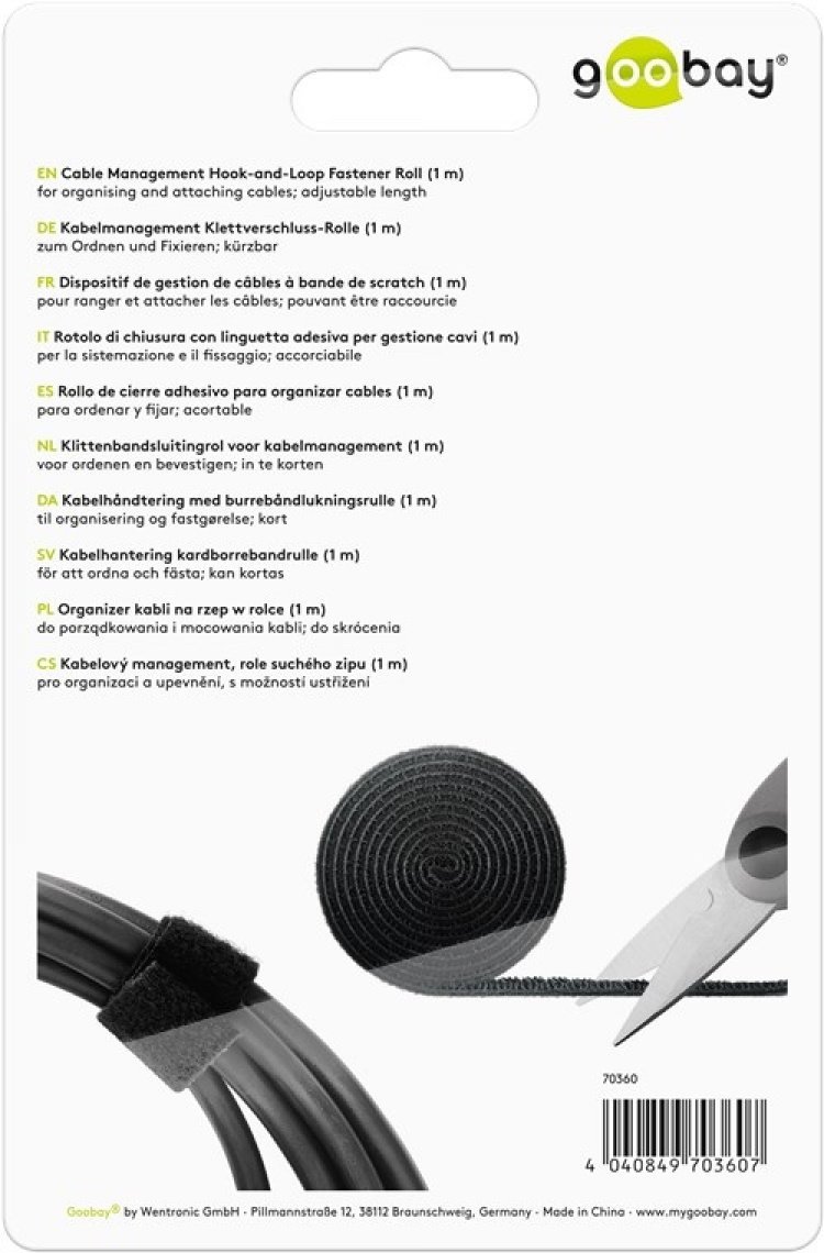 Goobay Kabelhantering kardborrebandrulle (1 m) för att ordna och fästa, kan kortas