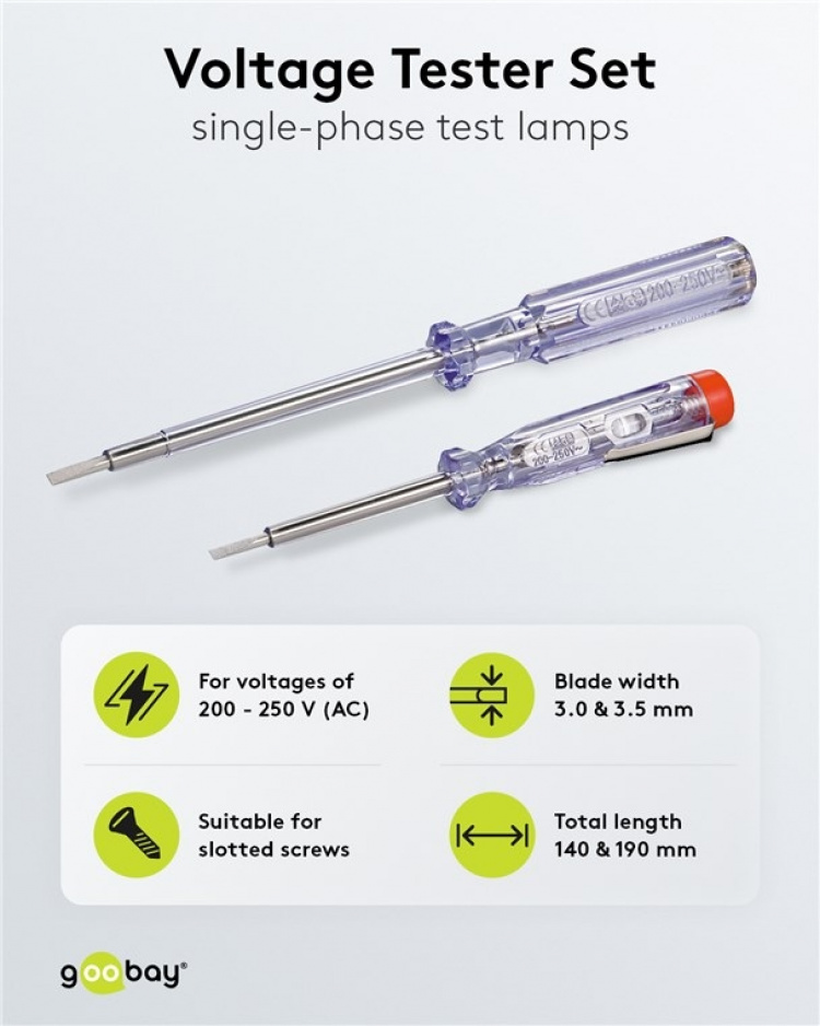Fixpoint Spänningsprovare, set med 2 st., 140 mm och 190 mm lämplig för spänningar mellan 200 V och 250 V