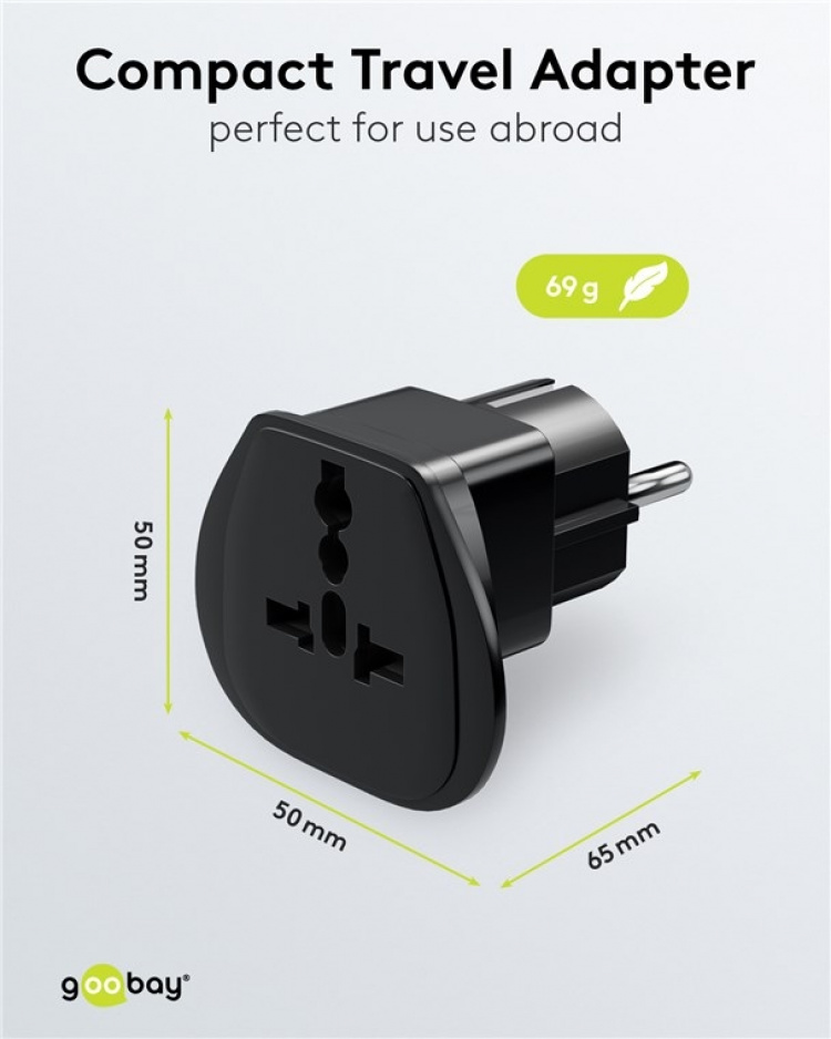Goobay Värld till EU reseadapter, svart stickkontakt med skyddsjord (typ F, CEE 7/7) > brittiskt uttag, schweiziskt uttag (typ J, SEV 1011), italienskt uttag (typ L, CEI 23-16-VII), amerikanskt/japanskt uttag (typ B, NEMA 5-15, 3-polig)
