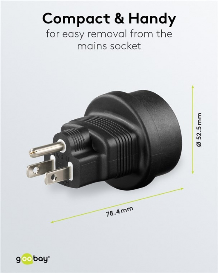 Goobay Nätadapter US, svart uttag med skyddsjord (typ F, CEE 7/3) > Amerikansk/japansk kontakt (typ B, NEMA 5-15, 3-polig) Goobay Nätadapter US, svart uttag med skyddsjord (typ F, CEE 7/3) > Amerikansk/japansk kontakt (typ B, NEMA 5-15, 3-polig)