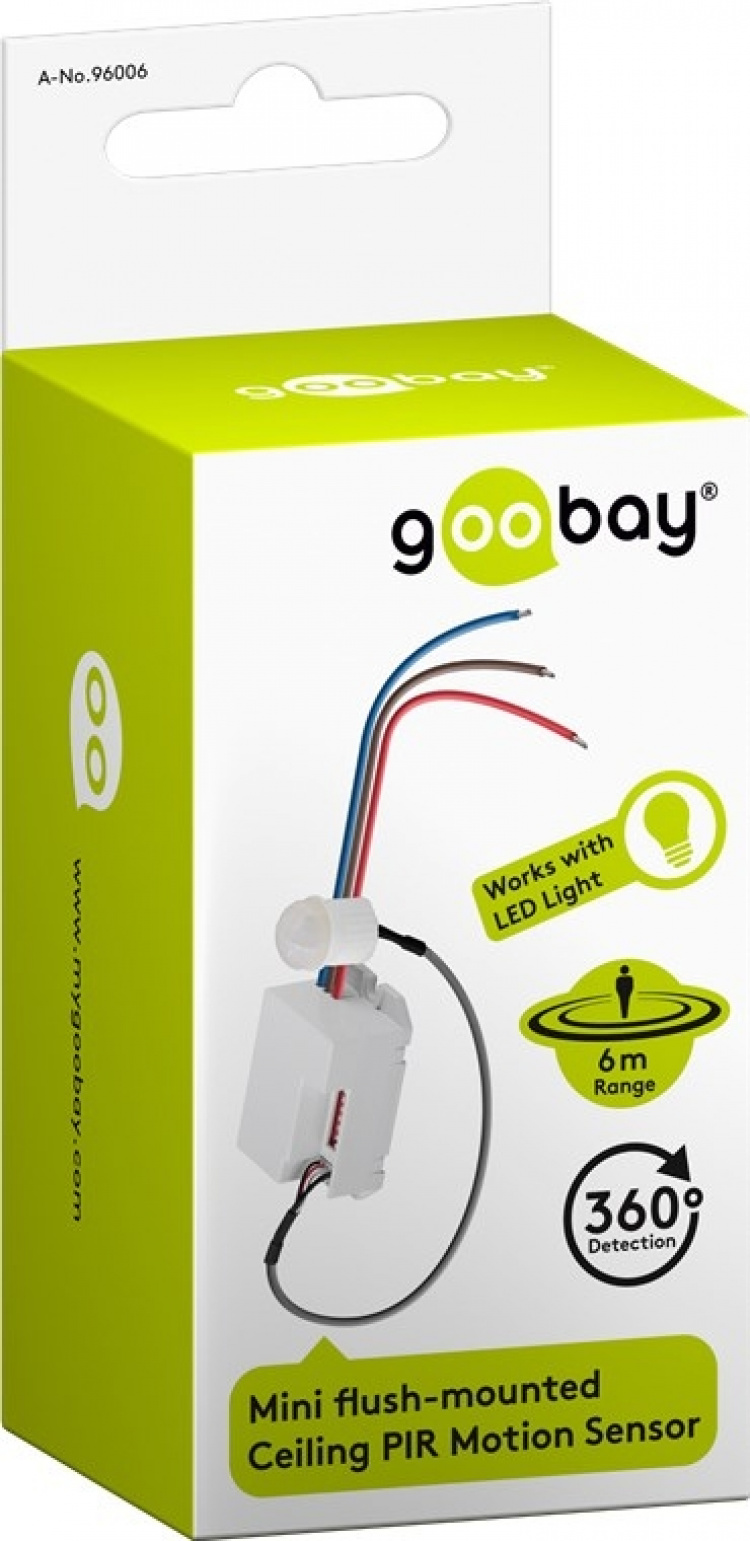 Goobay Infraröd rörelsedetektor för infälld montering i taket, 360°-detektion, 6 m räckvidd, för inomhusbruk (IP20), LED-anpassad Goobay Infraröd rörelsedetektor för infälld montering i taket, 360°-detektion, 6 m räckvidd, för inomhusbruk (IP20), LED-anpassad