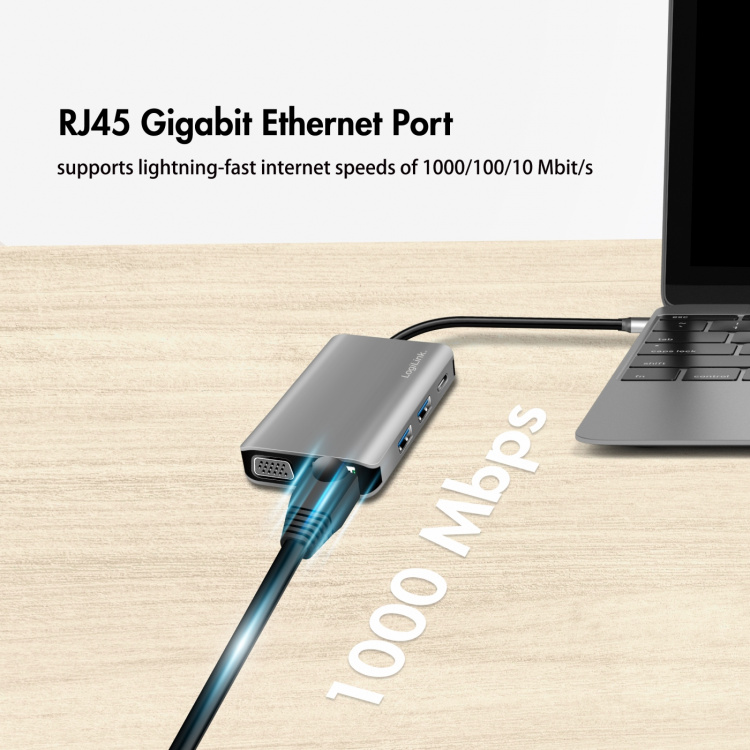 LogiLink USB-C-dockningsstation 7-i-1 HDMI/VGA/RJ45/USB-C 100W PD
