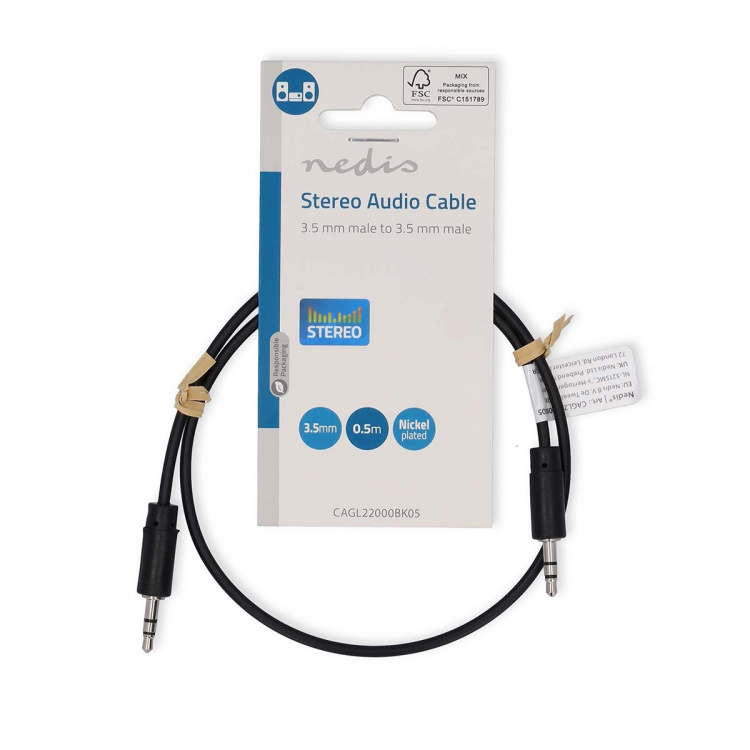 Nedis Stereo Audio kabel | 3.5 mm Hanstik | 3.5 mm Hanstik | Nikkelplateret | 0.50 m | Runde | Sort | Label