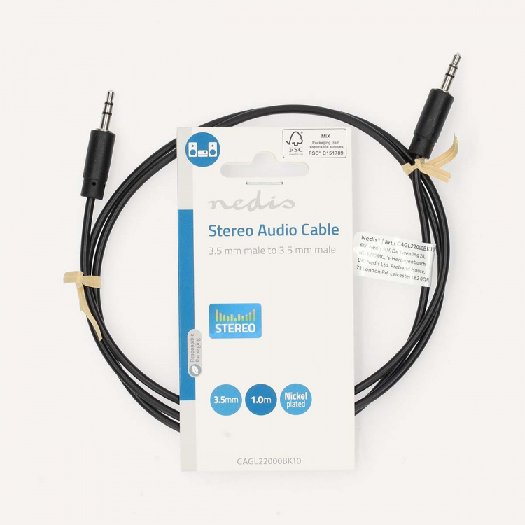 Nedis Stereo Audio kabel | 3.5 mm Hanstik | 3.5 mm Hanstik | Nikkelplateret | 1.00 m | Runde | Sort | Label
