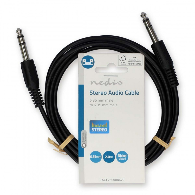 Nedis Stereo Audio kabel | 6.35 mm Hanstik | 6.35 mm Hanstik | Nikkelplateret | 2.00 m | Runde | Sort | Label