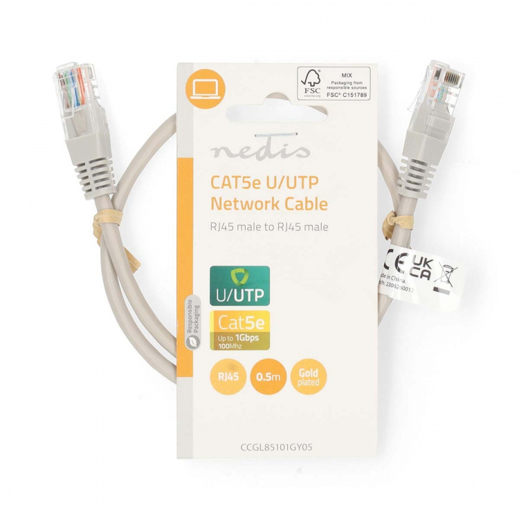Nedis CAT5e netværkskabel | U/UTP | RJ45 Han | RJ45 Han | 0.50 m | Runde | PVC | Grå | Label